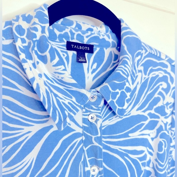 Talbots Blue and White Floral Stretch Shirtdress, Size Large - Picture 6 of 13